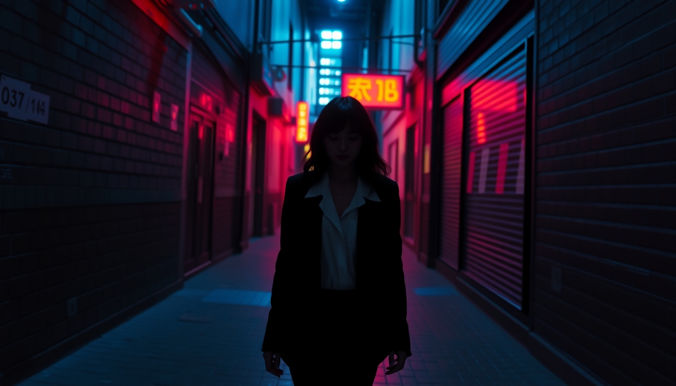 masterpiece, best quality, very aesthetic, absurd resolutions  
wlop minimalism  
cinematic lighting  
1 girl,  
walking in the alley in a black suit with a white collar shirt  
perspective from above  
cyberpunk, neon