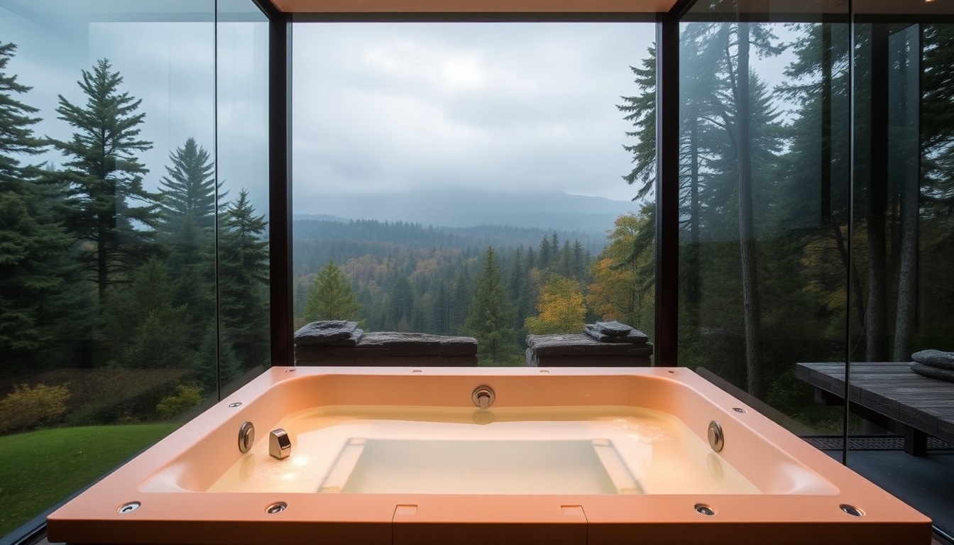 A luxurious spa with glass walls, overlooking a serene forest landscape. - Image