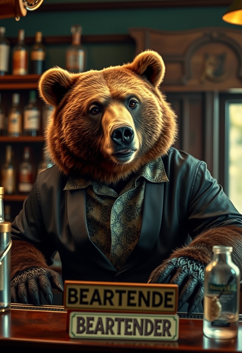 A movie still featuring a bear in a fancy shirt bartending, with a sign that reads "BEARTENDER" on the bar. - Image