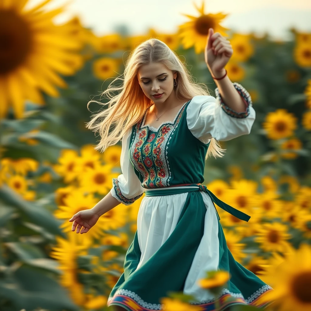 A Ukrainian woman dancing in a sunflower field, 20 years old, blonde, with light in her eyes, (Ukrainian traditional costume: 1.4), Style by Rick Remender, Motion blur, Movement, Full body, Award-winning work. - Image