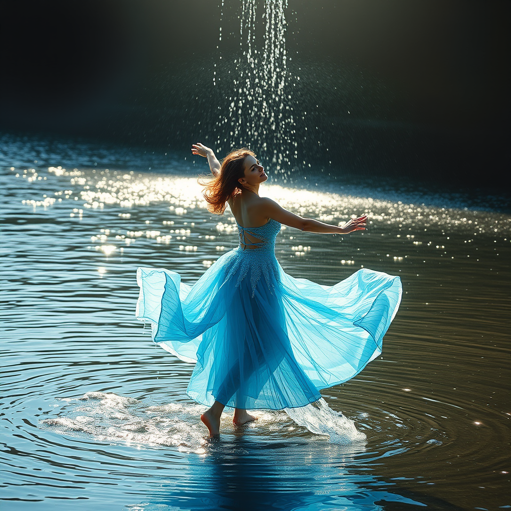 Riverside, dancing woman wearing a dress made of water, side view, full body view, strong light falls on her, water pours from the sky.