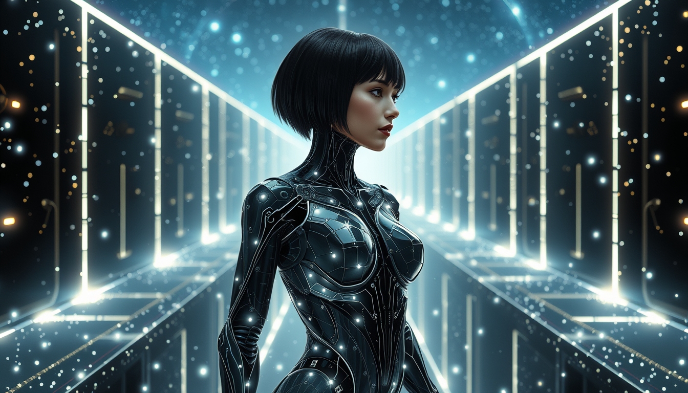 Interpretation of a cyborg woman (with black short hair). She is wearing a black and transparent electronic suit made of electronic components intertwined with white light, surrounded by floating particles of light, standing in the middle of a futuristic maze (a beautiful maze with high walls made of stars) against the backdrop of a galaxy. The style reflects mechanical realism, human relationships, and mythological themes. --Chaos 10 --ar 16:9 --v 5.2 --stylize 150