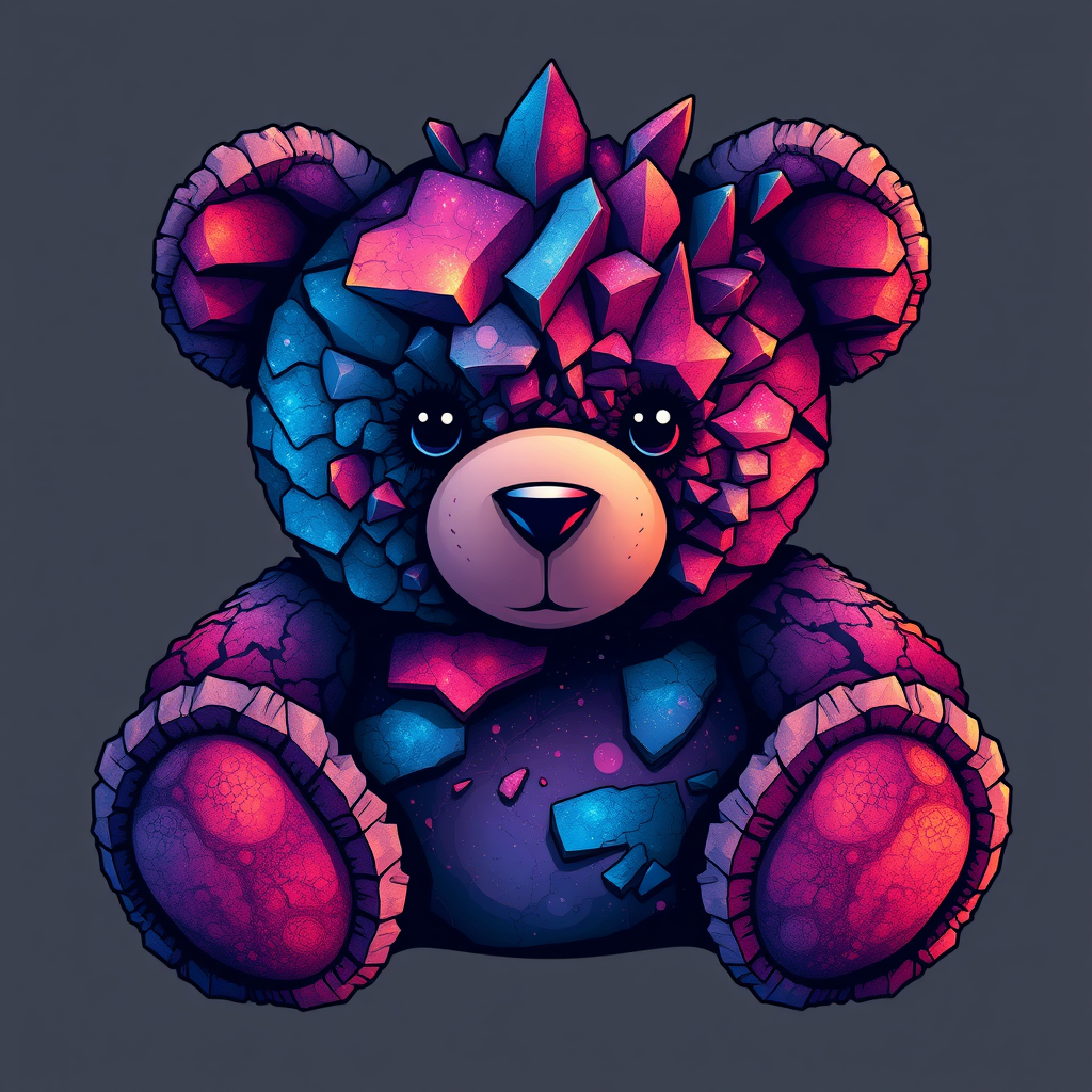 A tee shirt design of a teddy bear whose entire body, ears, and head are perfectly made of a beautiful jagged mineral that looks reminiscent of the universe with uneven colorful shards sticking out. Striking and beautiful, with deep blues and purples contrasting with vibrant reds and orange.