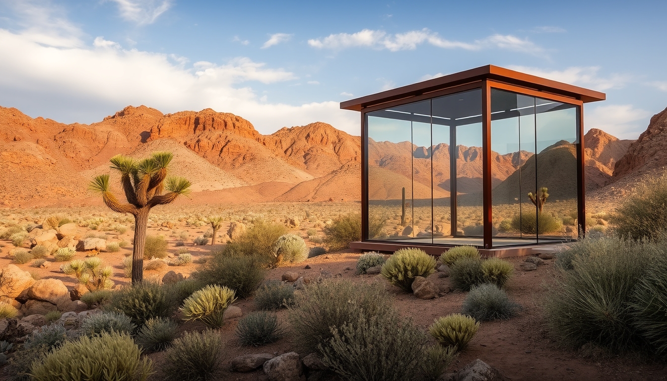 A dramatic desert landscape with a glass pavilion offering shade and shelter.