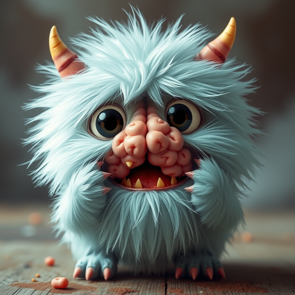 a fluffy cute baby monster eating brain - Image