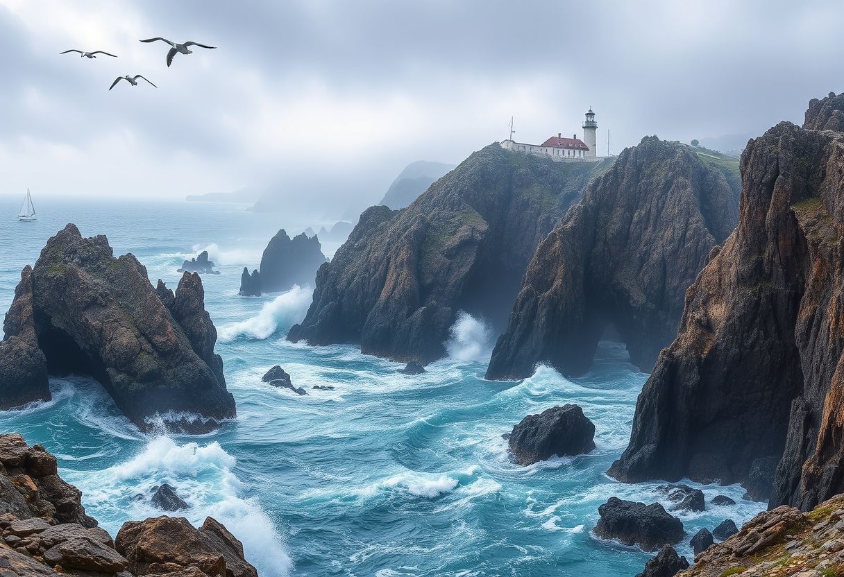 Dramatic, rocky cliffs, crashing waves, rugged, coastal, high quality, seagulls, lighthouse, stormy, wild, panoramic, breathtaking, photorealistic::1.5 sailboats, dramatic skies, mist, fog, coastal caves, hidden coves, tidal pools, mysterious - Image