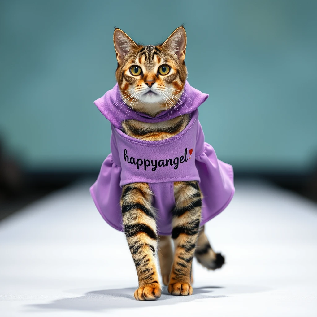 A striped cat wearing a purple dress with the name "happyangel 하모니" embroidered on it is walking down the runway. - Image