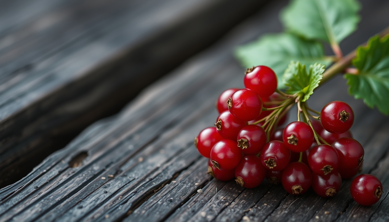 Red currant berry close up on dark wooden planks