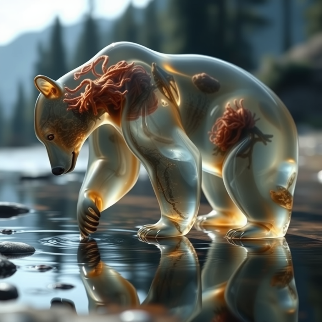 Images of the transparent, glass-like bear gracefully bending to drink from a tranquil creek. The visuals effectively showcase its delicate internal structure within a serene, natural setting. - Image