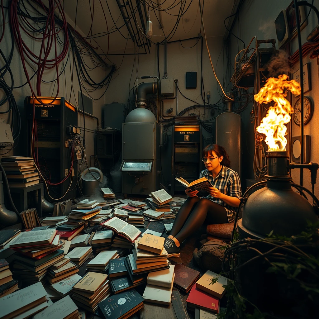 A real-life photograph, wide shot, of a tall strong woman and a Japanese girl reading books in the corner of a room. The room has some books scattered messily, and many wires of varying thicknesses are on the floor and in the air, including red, blue, yellow, and other colors. Additionally, there are some machines emitting steam and fire. The lighting is dim, and there are some plants. - Image