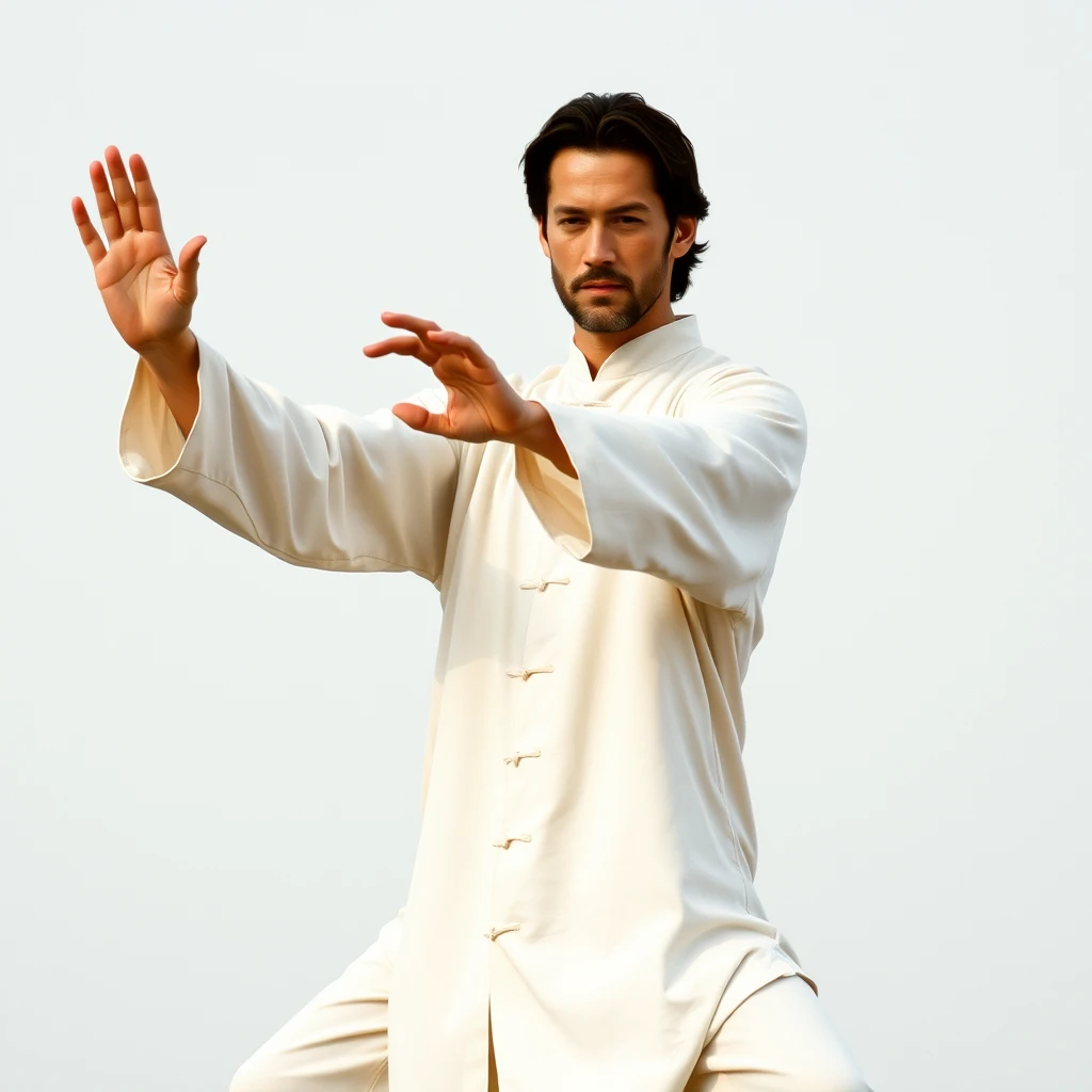 Photo of a college Keanu Reeves, performing Tai Chi in the White Crane Spreads Its Wings posture. He stands in a balanced and poised stance with his left hand extended upward, his right hand is extended downward, and palm facing inward, emphasizing the grace and fluidity of the movement. The background is serene and minimalistic, highlighting the intricate hand movements and overall posture of Tai Chi. - Image