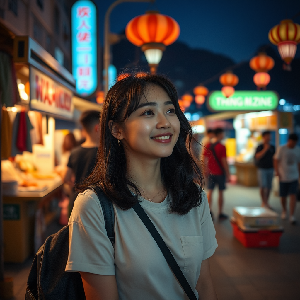 🌌 **Island at Night**: "Korea young Woman experiencing nightlife, sea stroll, night market, unique charm of Cheung Chau Island at night, photorealistic style"