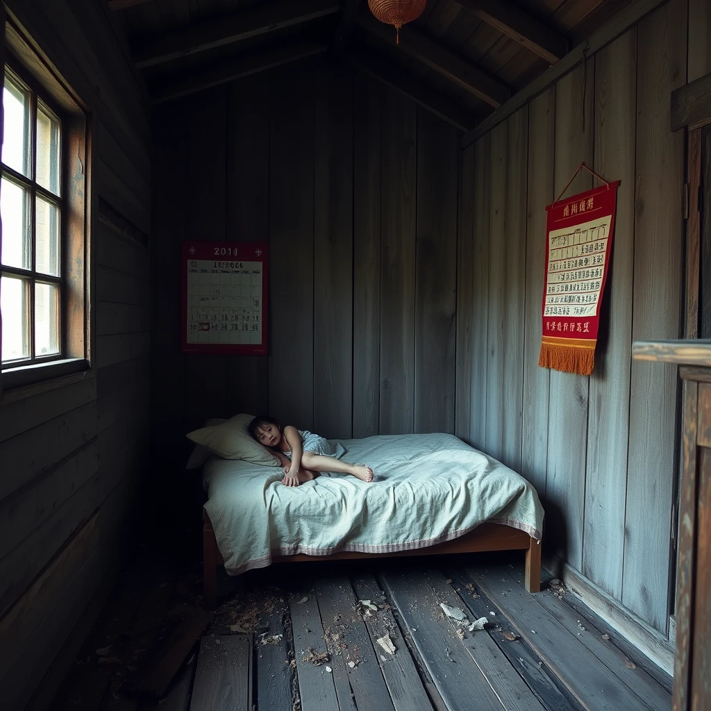 In a dilapidated wooden cabin, there is a bed, and one wall of the room has a Chinese-style calendar hanging on it, while there is a Japanese girl in the room. Note that the cabin is very large and has a window.