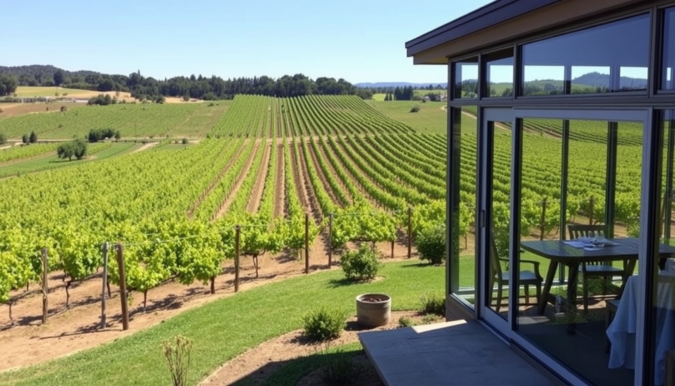 A picturesque vineyard with a glass-walled tasting room overlooking the grapevines.