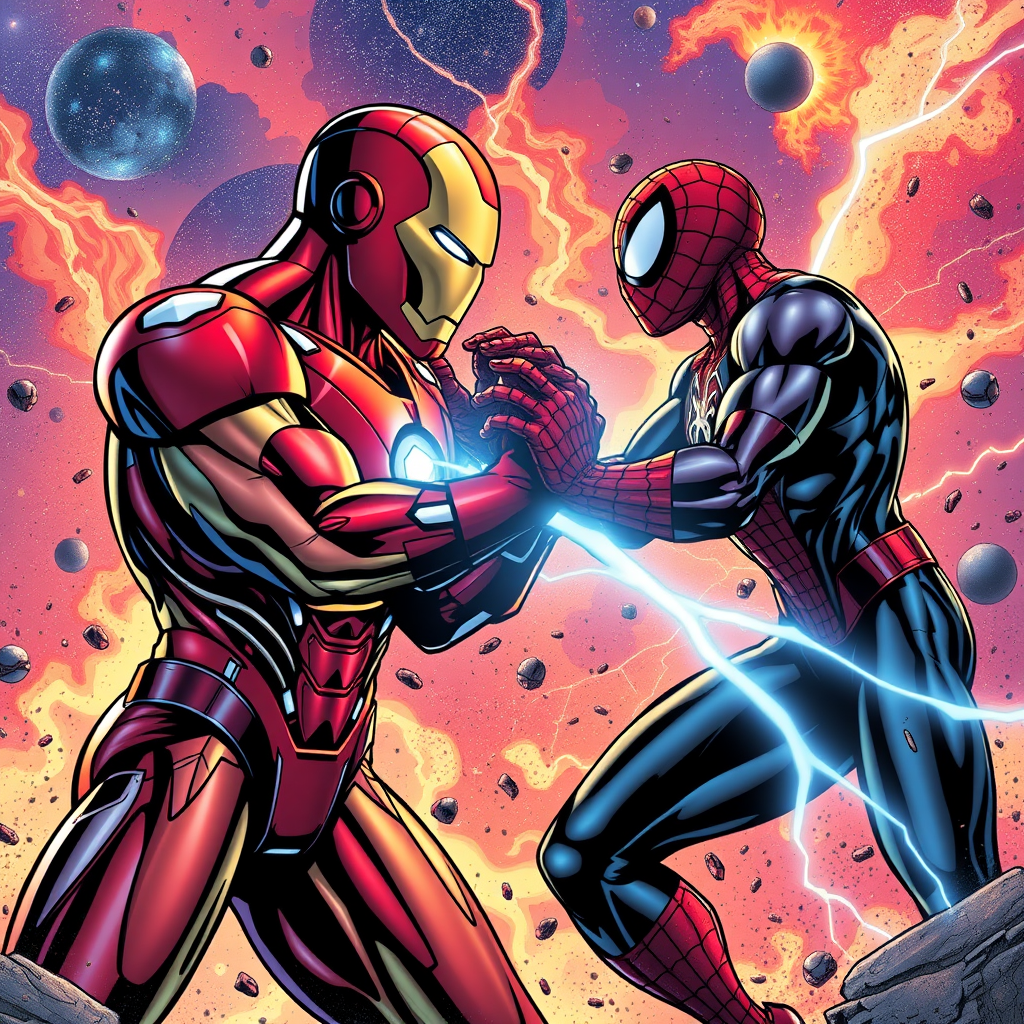 Iron Man arm wrestling Spider-Man. The backdrop of the multiverse. - Image