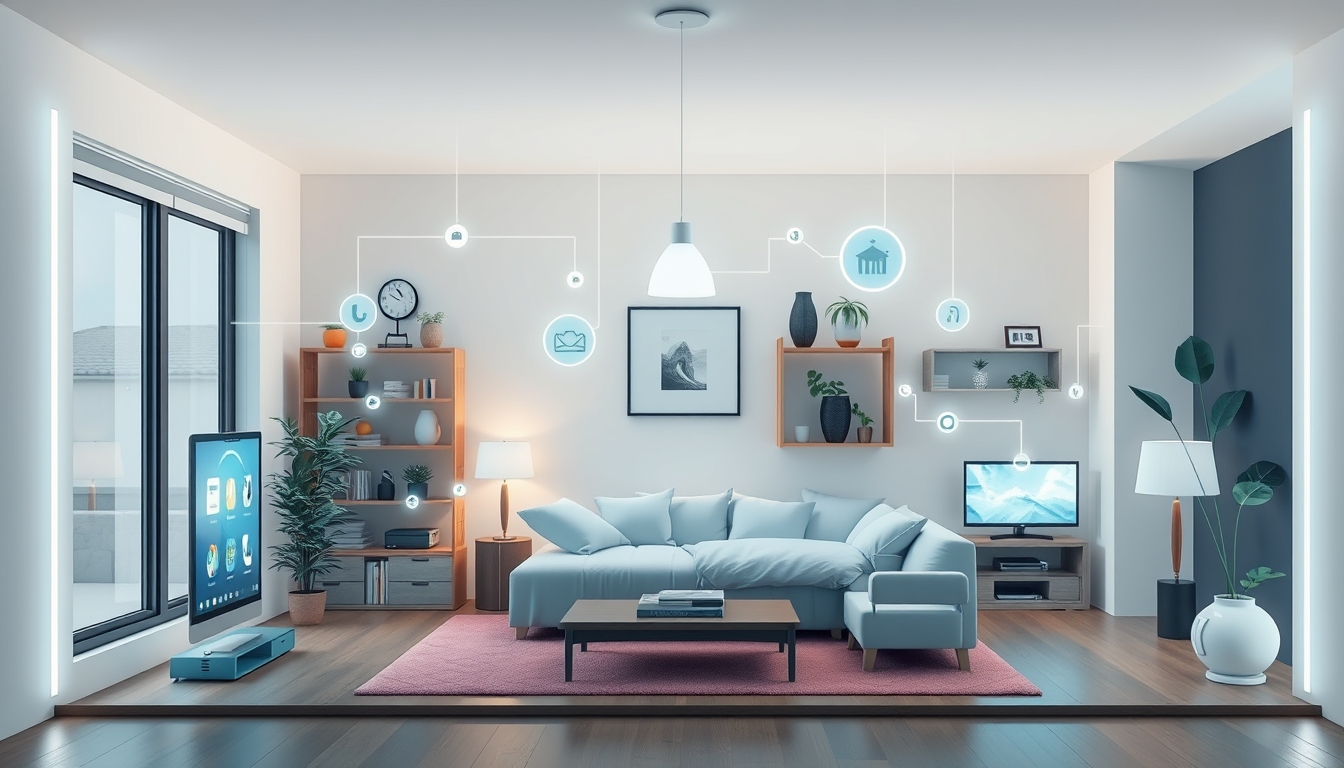 Smart home with interconnected devices, depicting the Internet of Things (IoT).