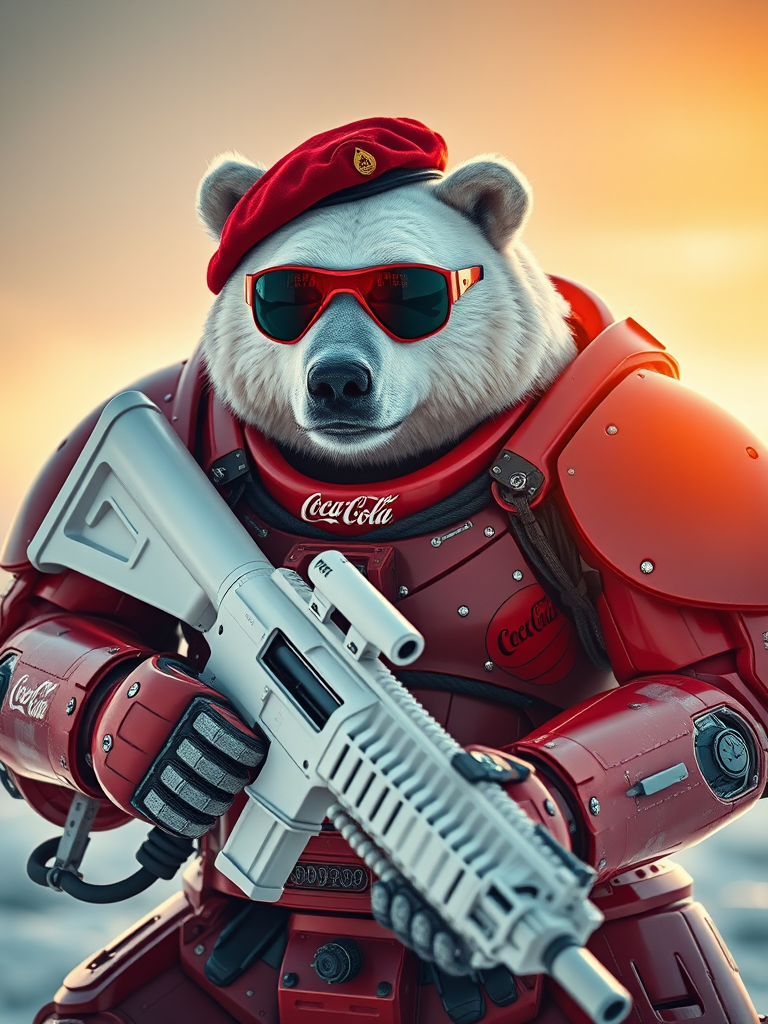 (medium shot:1.5), surrealistic, (bokeh:1.1), dof, awe-inspiring, majestic, overwhelming, humanoid polar bear wearing (red coca-cola-military:1.1) metal sci-fi bulky (mecha armor:1.3) and sunglasses with (red beret:1.05) is holding a big (white rifle:1.35), harsh shadows, (sun rays:1.1)