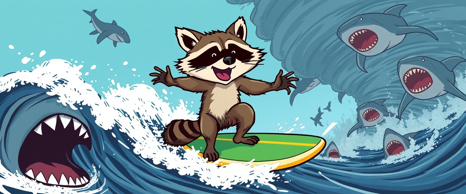 Illustration of a raccoon surfing while fleeing from a tornado of sharks. - Image