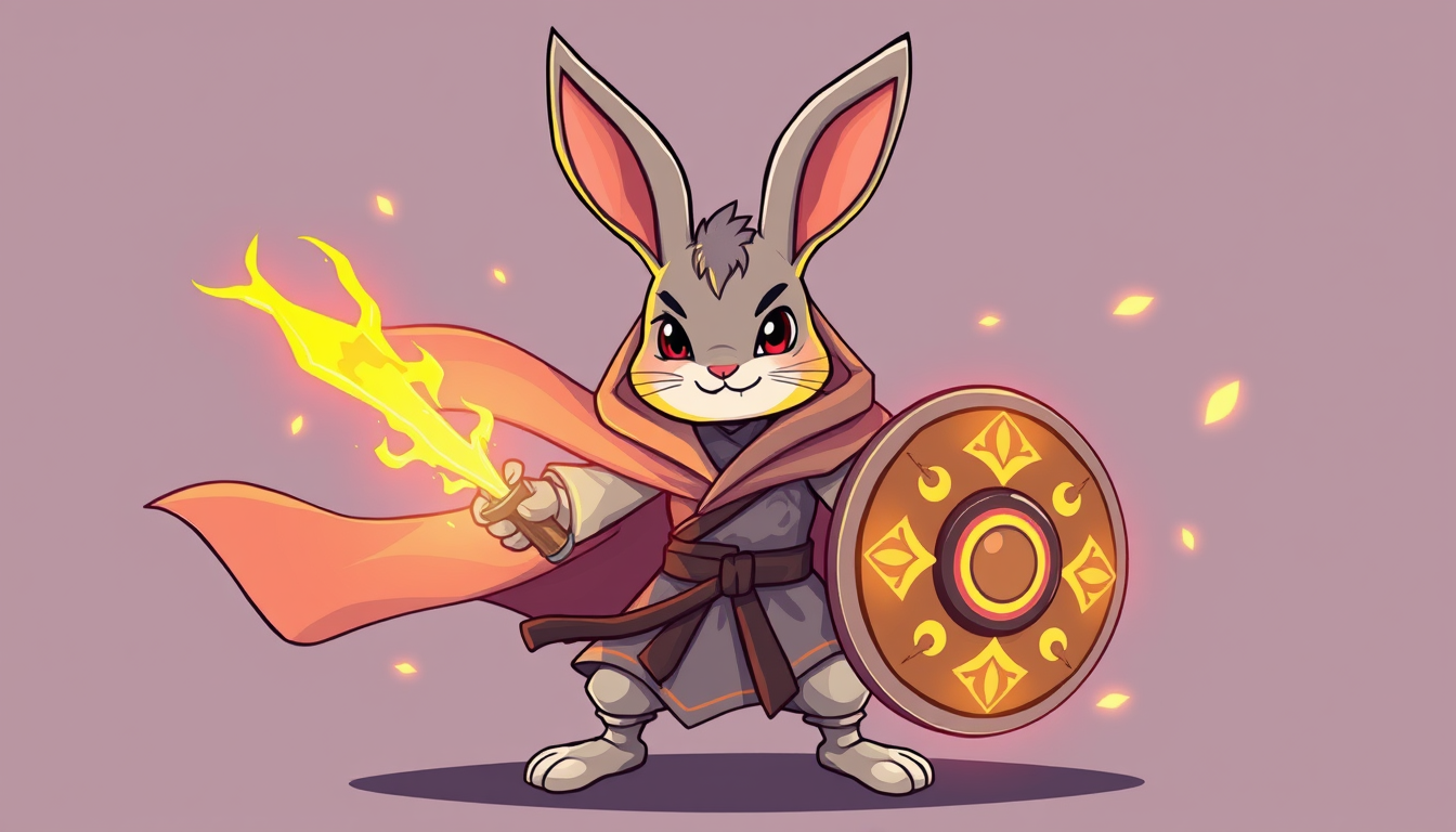 A cartoon-style rabbit in a martial arts and fantasy theme, wearing a flowing cloak. The rabbit has a cute yet determined expression, standing in a defensive stance. In its right hand, it holds a mystical weapon, and in its left hand, it carries a round, ornate shield. The rabbit is surrounded by glowing magical particles, with the cloak billowing in the wind. The style is vibrant and colorful, with exaggerated features that highlight the playful, cartoonish nature of the character. The rabbit's defensive posture and the magical effects create a dynamic, engaging scene.