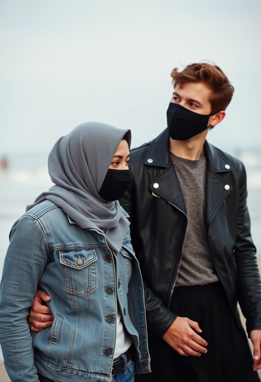 Jamie Dornan's head and body shot, handsome, black face mask, jeans jacket, jeans, dating, love couple, joking, with the biggest grey hijab Muslim girl, black face mask, beautiful eyes, black leather jacket, biggest skirt, at the beach, hyper-realistic, street photography.