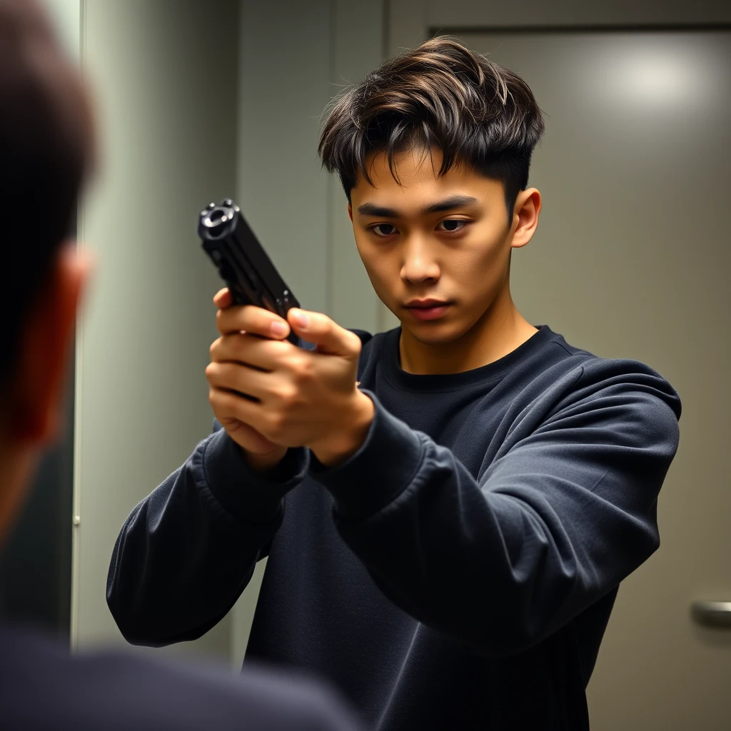 A young man is holding a gun while looking in the mirror. Note, he is Korean.