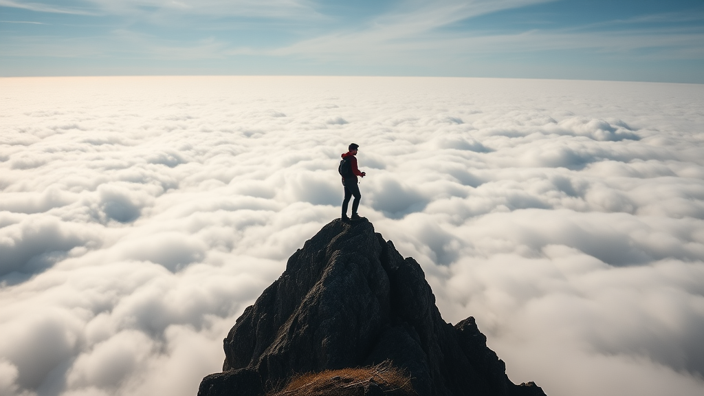 a man standing on top of a mountain, looking out over the sea of clouds, by Carlo Mense, art photography, shutterstock contest winner, walking above the clouds and fog, wanderer above the sea of fog, among the clouds, rise above clouds, a wanderer on a mountain, upon the clouds, standing on mountain