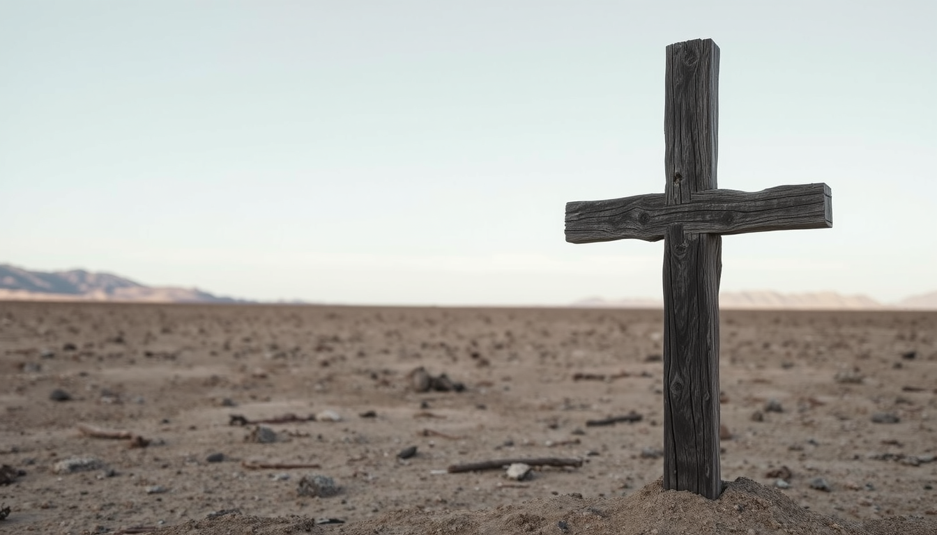 An old dilapidated wooden cross planted in the middle of a barren desert. The cross is standing upright on the right side of the image. The cross is made of dark wood and appears to be old and weathered, with visible damage of dry rot. The overall scene is desolate.