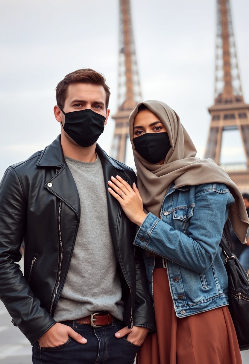 Jamie Dornan, handsome, black face mask, black leather jacket, jeans, dating, love couple with the biggest hijab Muslim girl, beautiful eyes, black face mask, jeans jacket, biggest skirt, wedding rings, Eiffel Tower, realistic, street photography.