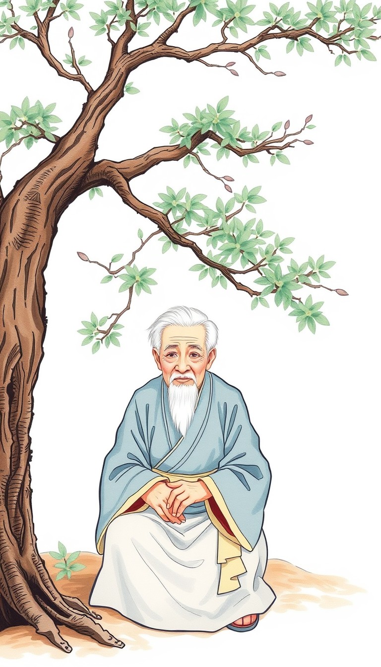 An elderly man in traditional Chinese clothing, with white hair, sits down near the tree, illustrated in a picture book style with a simple, light white background. - Image