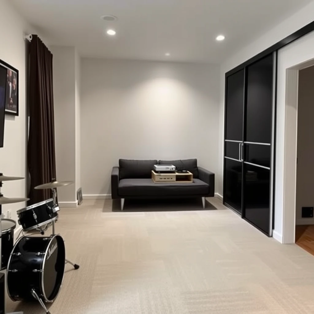 An entertainment room with a mini drum set in the left corner, a sofa bed in the center of the wall, a projector shelf on the sofa bed, and a sleek black sliding wardrobe in the right corner. - Image