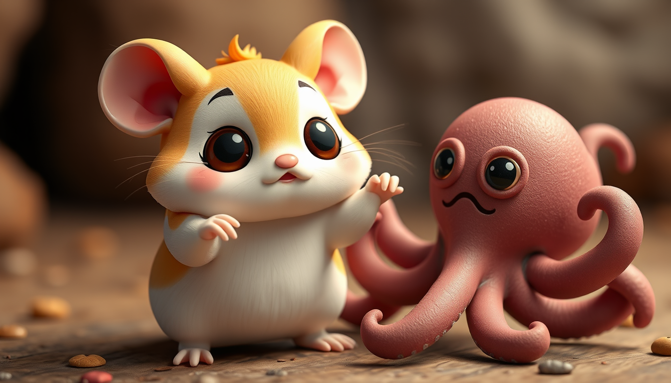 Hamster and Octopus Waltz. Cute white and gold hamster with big eyes, cute characters in 1:2 scale, three-dimensional 3D animation, maximized clay texture.