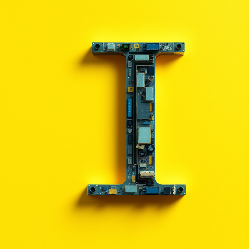 A letter "I" made of computer elements, yellow background, realistic photograph. - Image