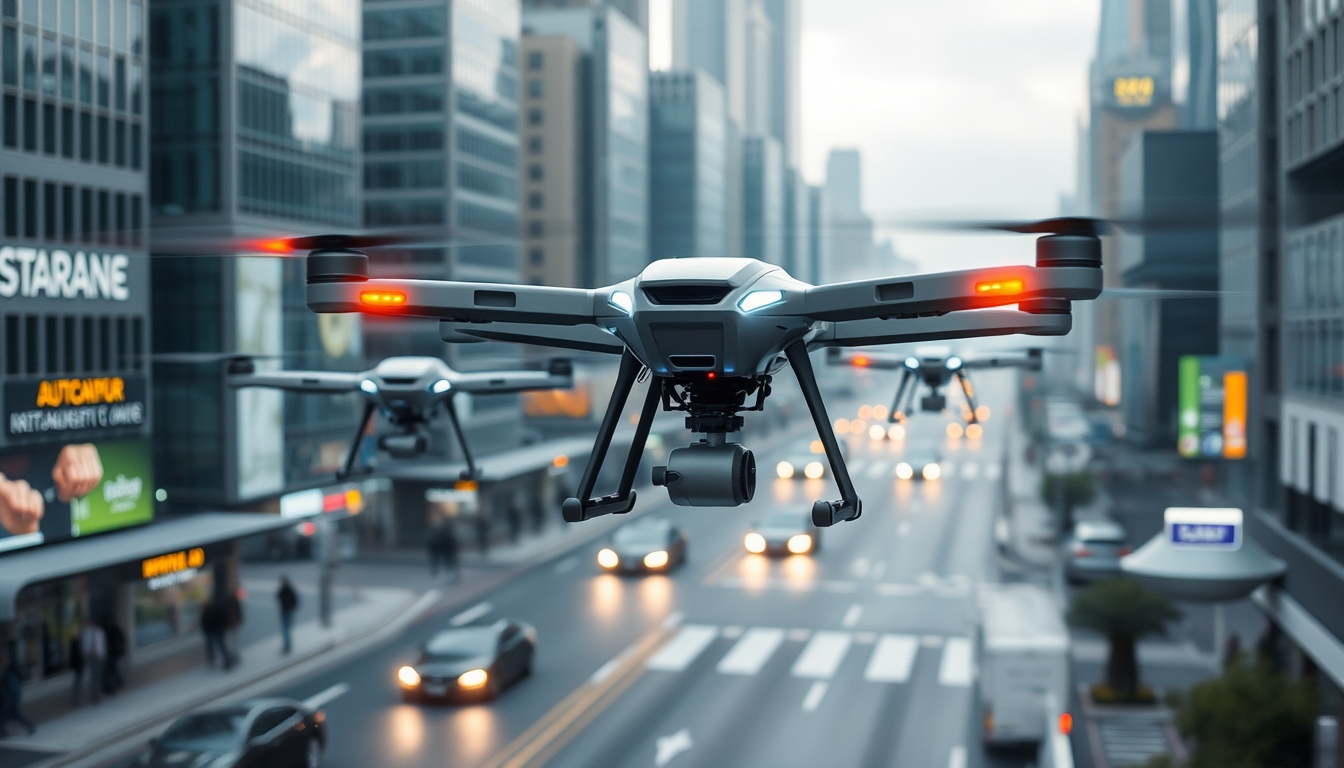 Autonomous drone taxis in a futuristic city, illustrating advanced transport.