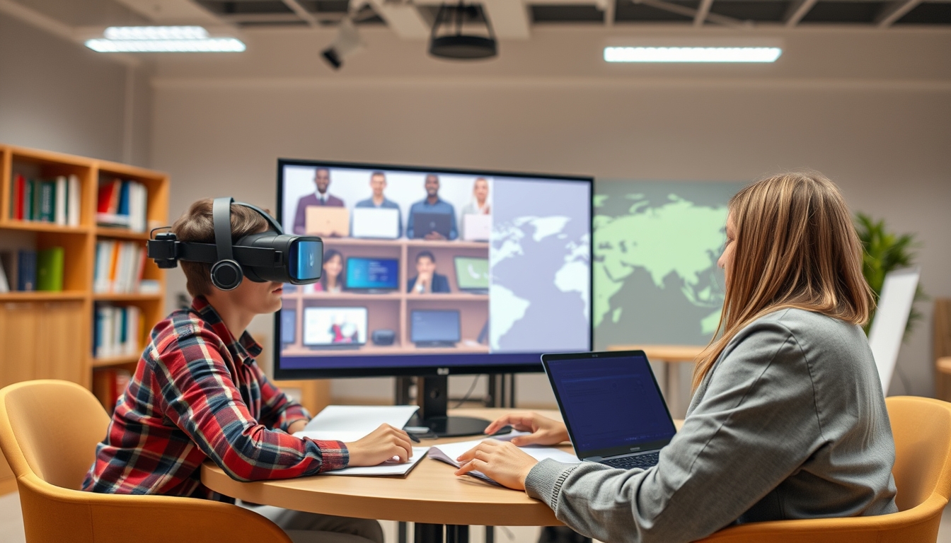 Remote learning with VR technology, depicting education innovation.