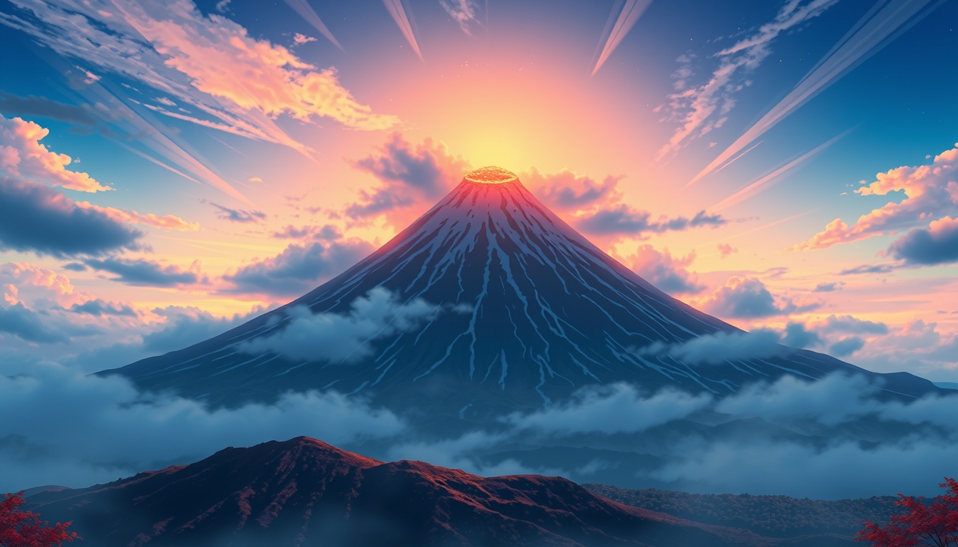 Volcano landscape image. Styled like an anime or game background. Blue sky, sunset, sunrise, night, fog, snow, rain, cloudiness, autumn leaves, rainbow.