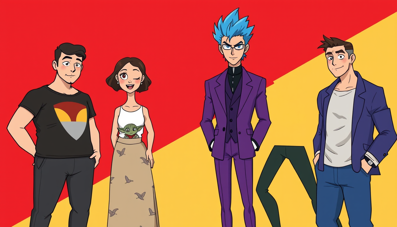 A cartoon style of five men standing together against a backdrop, the backdrop is divided equally in half down the middle, the left side is red, the right side is gold. The young man is wearing a t-shirt with a Yoda motif, she has a long skirt with birds on it, the man is wearing a three-piece purple suit, and he has spiky blue hair.