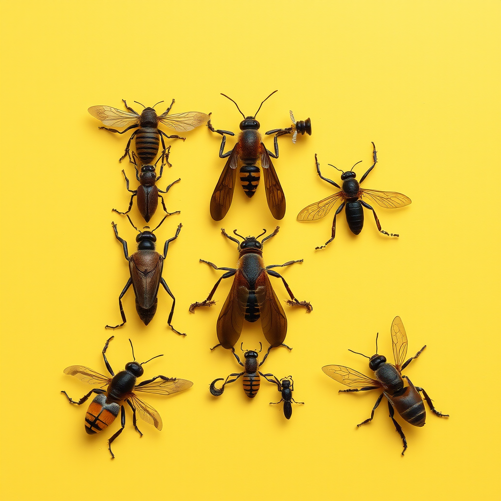 a letter "I" made of insects, yellow background, realistic photograph - Image