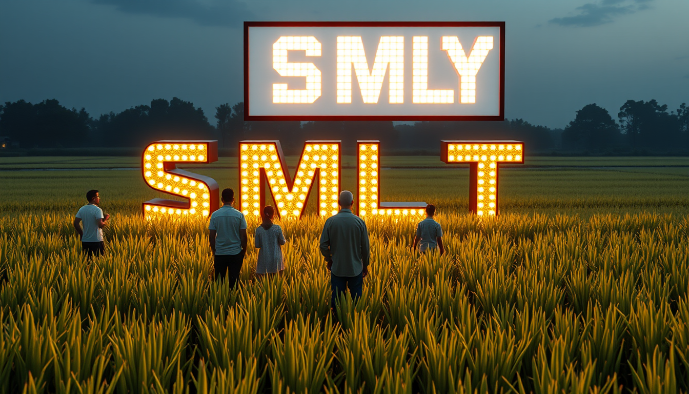 People of different ages stand in a rice paddy facing a floating screen. The rice plants glow, creating a pixelated "SMLYT" when viewed from above. The 3D letters are constructed from oversized, glowing voxels (3D pixels). Each voxel seems to contain a miniature scene from Vietnamese life, visible upon close inspection. The voxels constantly rearrange themselves, causing the letters to shift and transform.