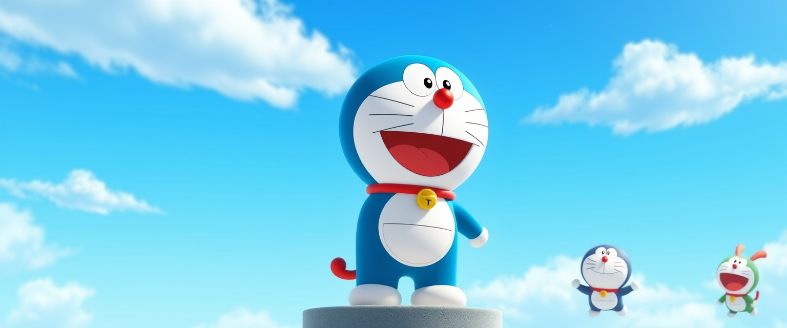 A background for LinkedIn profile, Pixar style, sky blue, Doraemon and his friends.