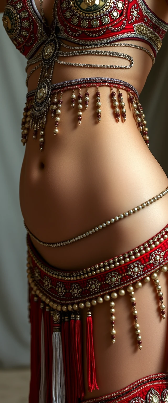 Close-up photo of the belly of a tall, beautiful, muscular white-skinned Indian-Korean belly dancer woman.