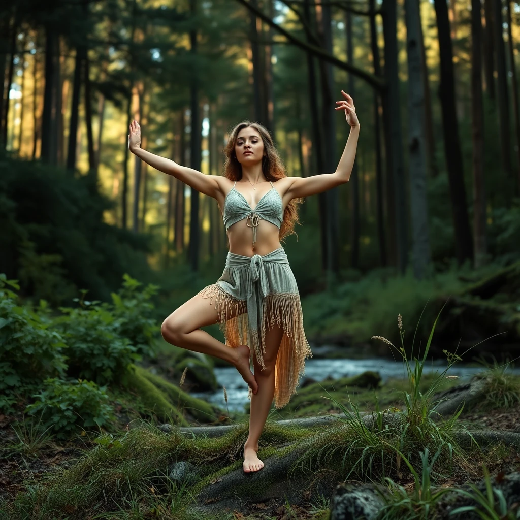 Forest Nymph  
Concept: Portray a woman as a nature spirit, engaged in athletic activities.  
Style: Natural materials, bare feet, or sandals.  
Setting: Forests, fields, or rivers.  
Pose: Yoga poses, interacting with nature.  
Lighting: Use natural light to create a soft and warm atmosphere. - Image