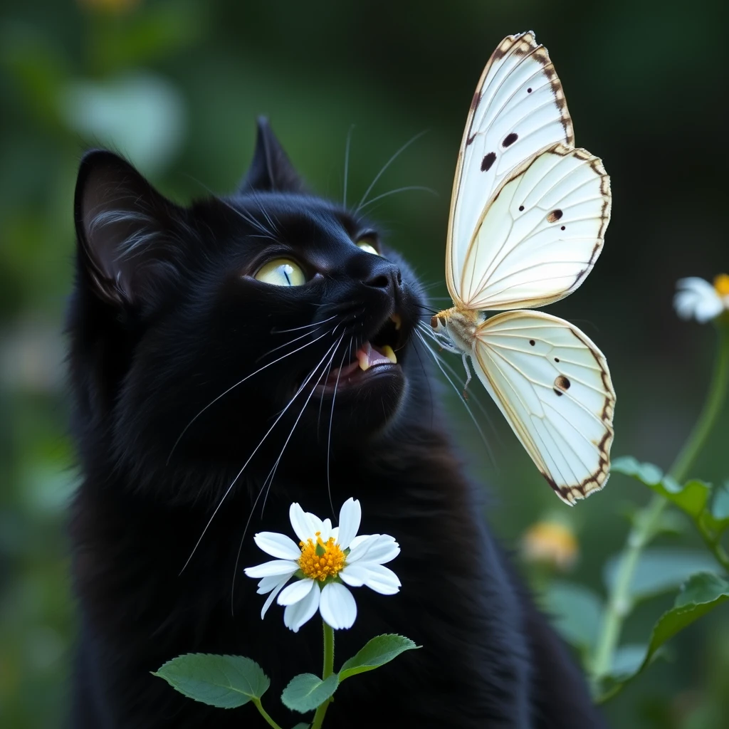 A black cat is catching a white butterfly.