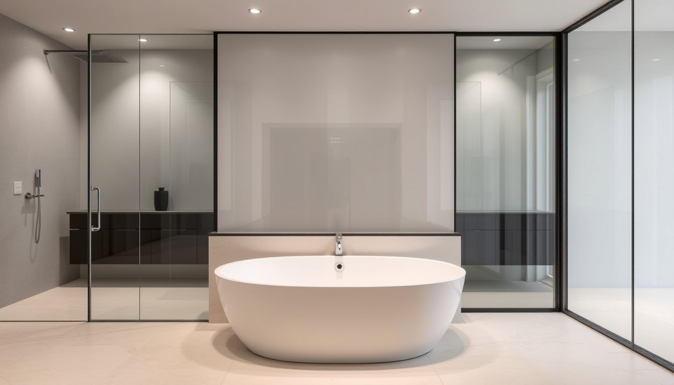 A sleek modern bathroom with glass walls and a luxurious soaking tub.