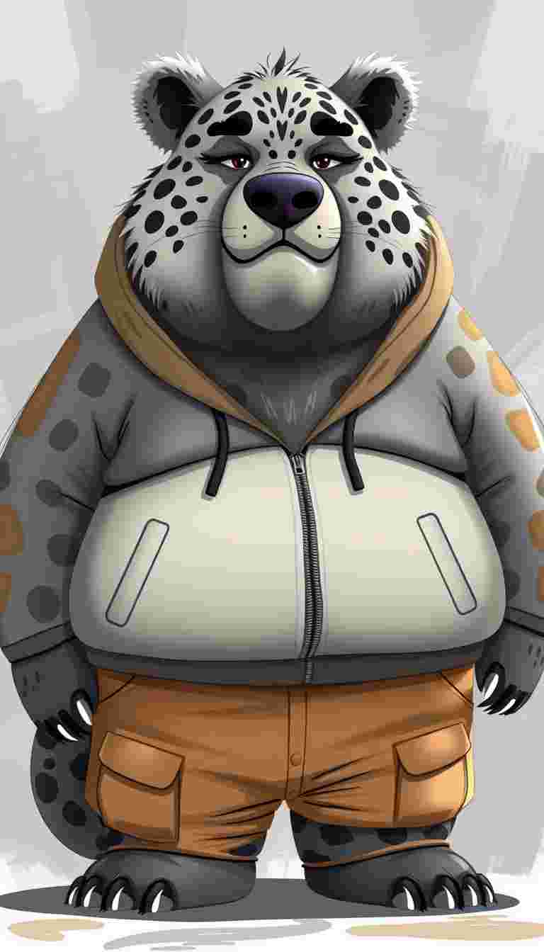 quarter view, Anthropomorphic obese gray bear leopard hybrid, blended features. gray and black fur with tan and white fur markings. he has a heavyset body. wide fat bottom. Fat wide double chins. tan cargo pants and zip up hoodie. full body. uncropped. fluffy fur. abstract background digital art, cartoon