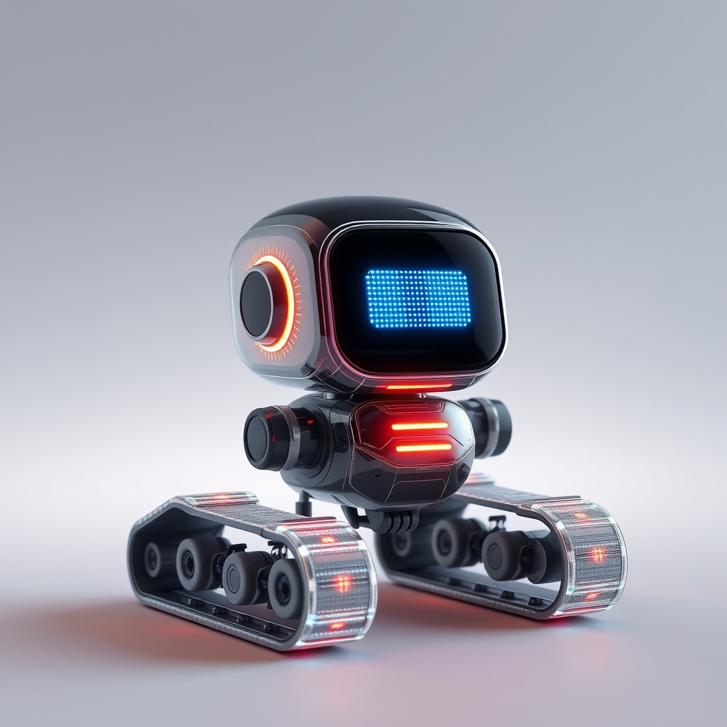 Cute aesthetic, a (small and cute semi-transparent triangular tracked robot) with an LED screen face, emoticon, stunning unreal engine render, intricate details, simple background.