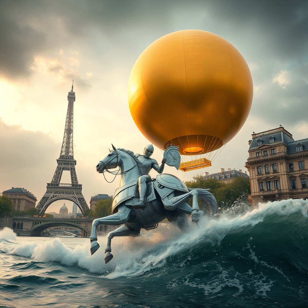 Low angle shot of a monumental giant perfect smooth gold sphere with a fiber texture flying above in the sky, elevated by a giant flame underneath like a hot air balloon, floating over vintage Paris in the style of the universal exhibition of 1900, retro-futuristic aesthetic. Giant waves flood the city as a mechanical knight of the apocalypse rides a silver mechanical horse adorned in silver armor, emerging proudly from the Seine while galloping and slicing through the water, under a stormy sky. The scene portrays doomsday, apocalypse, steampunk, backlight, mist and fire embers, with a perspective that combines pop rock, fluorescent collage, sci-fi, steampunk machinery, extra dust particles, cloud effects, octane render, and paper art ink art inspired by Méliès and Jules Verne.