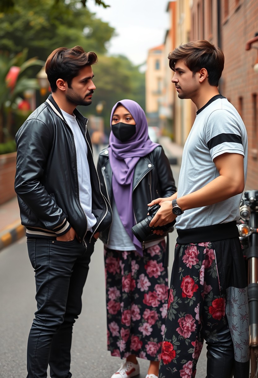 Jamie Dornan and Freddie Prinze head and body shot, handsome, young, serious face, dark brown hair, white T-shirt, college jacket, skinny jeans, sneakers, standing, discussing each other with a short purple hijab Muslim girl, beautiful eyes, black face mask, black leather jacket, biggest floral skirt, holding a Canon DSLR camera, near town road, superbike, hyper-realistic, street photography, brick wall, full body photo.