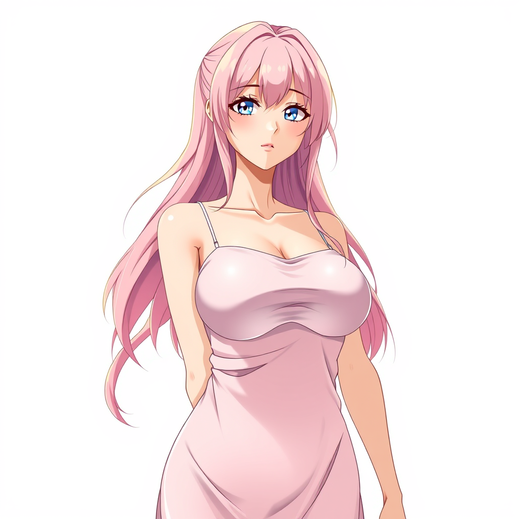 Anime art of a motherly woman, pink hair, dress, large breasts, natural reflective, detailed body, standing, white background, stunning details, trending on artstation, anime artwork, illustration quality.