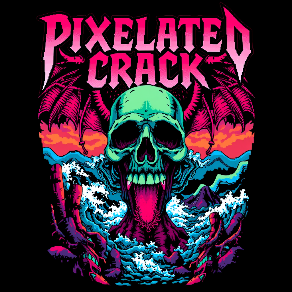 Tee shirt design with a blocky colorful 8-bit style of death metal blended with chiptune. And the visual should be unique and striking but macabre blended with beauty and the band name is "Pixelated Crack" with a scene inspired by deep sea. - Image