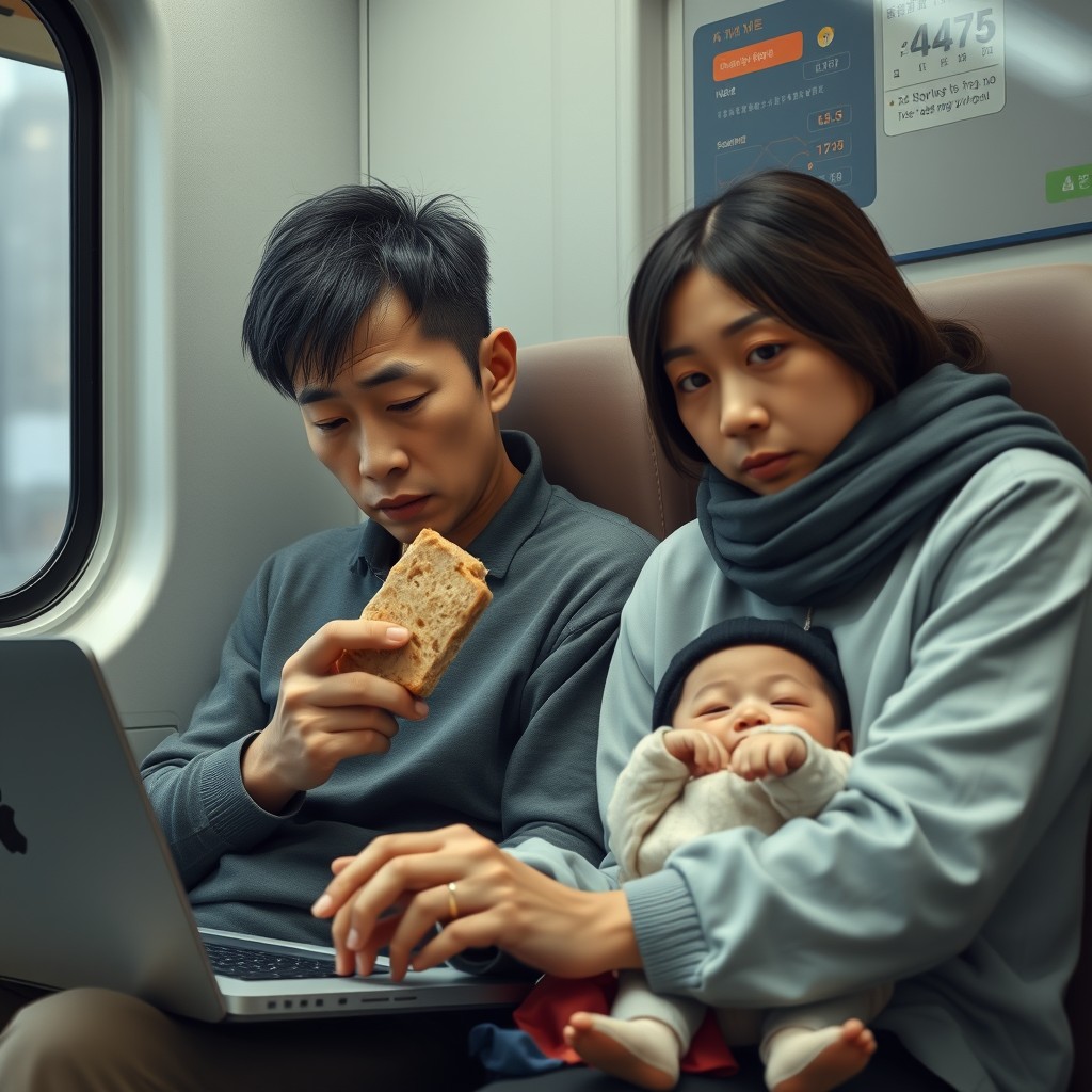 A lifelike portrayal of a sad Chinese programmer sitting on a train, holding a piece of bread in his right hand and a bottle to feed his child in his left hand, his eyes focused on a laptop, with thinning hair. His wife sits beside him, looking at him with a sense of lament.